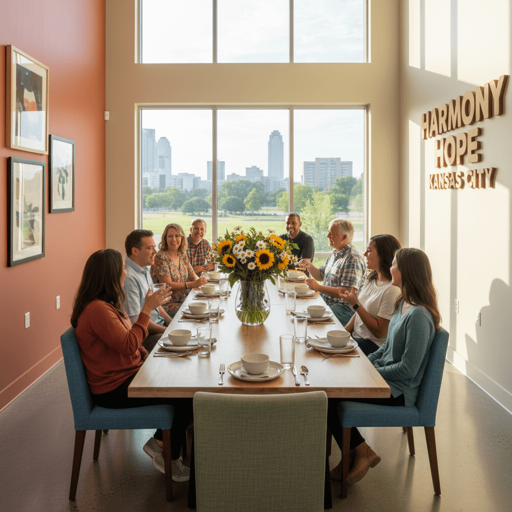 Shared dining area with residents gathered around communal table