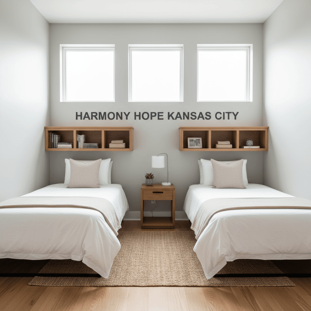 Shared bedroom with two twin beds and personal storage