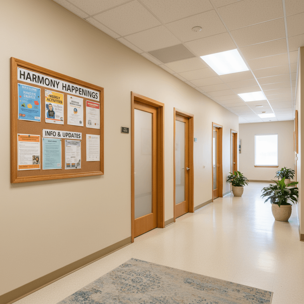 Well-lit hallway with community bulletin board and room doors