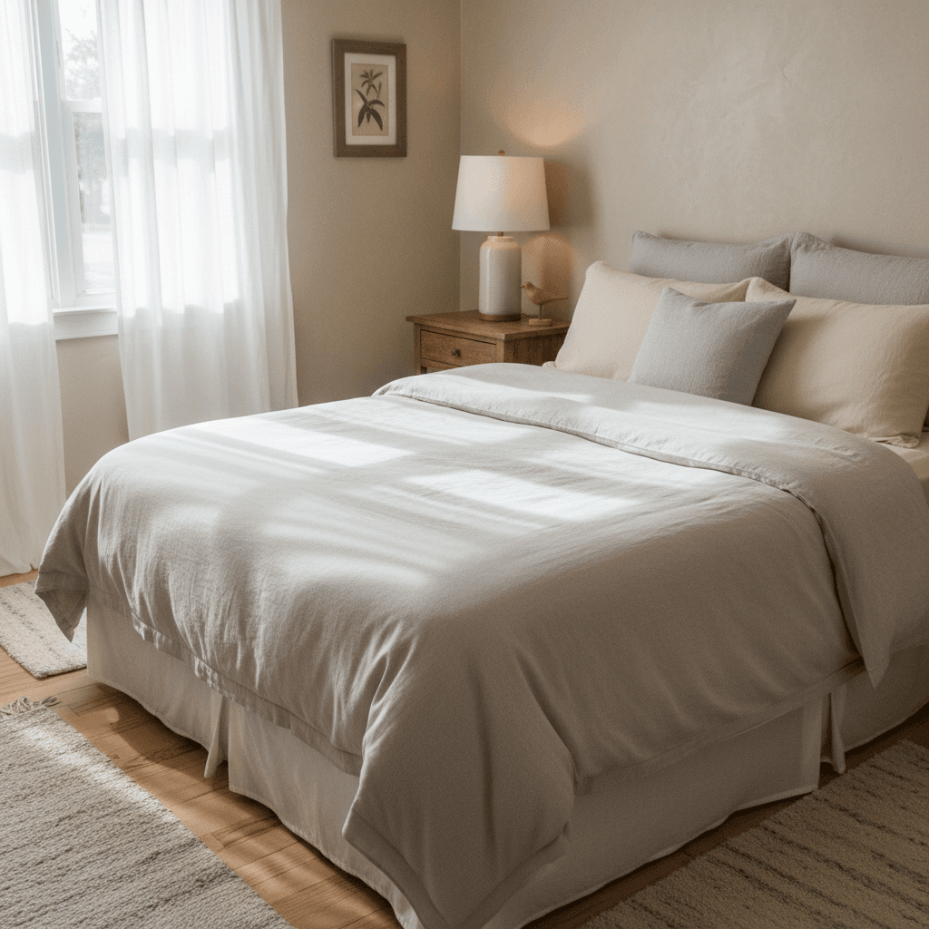 Private bedroom with made bed and natural light