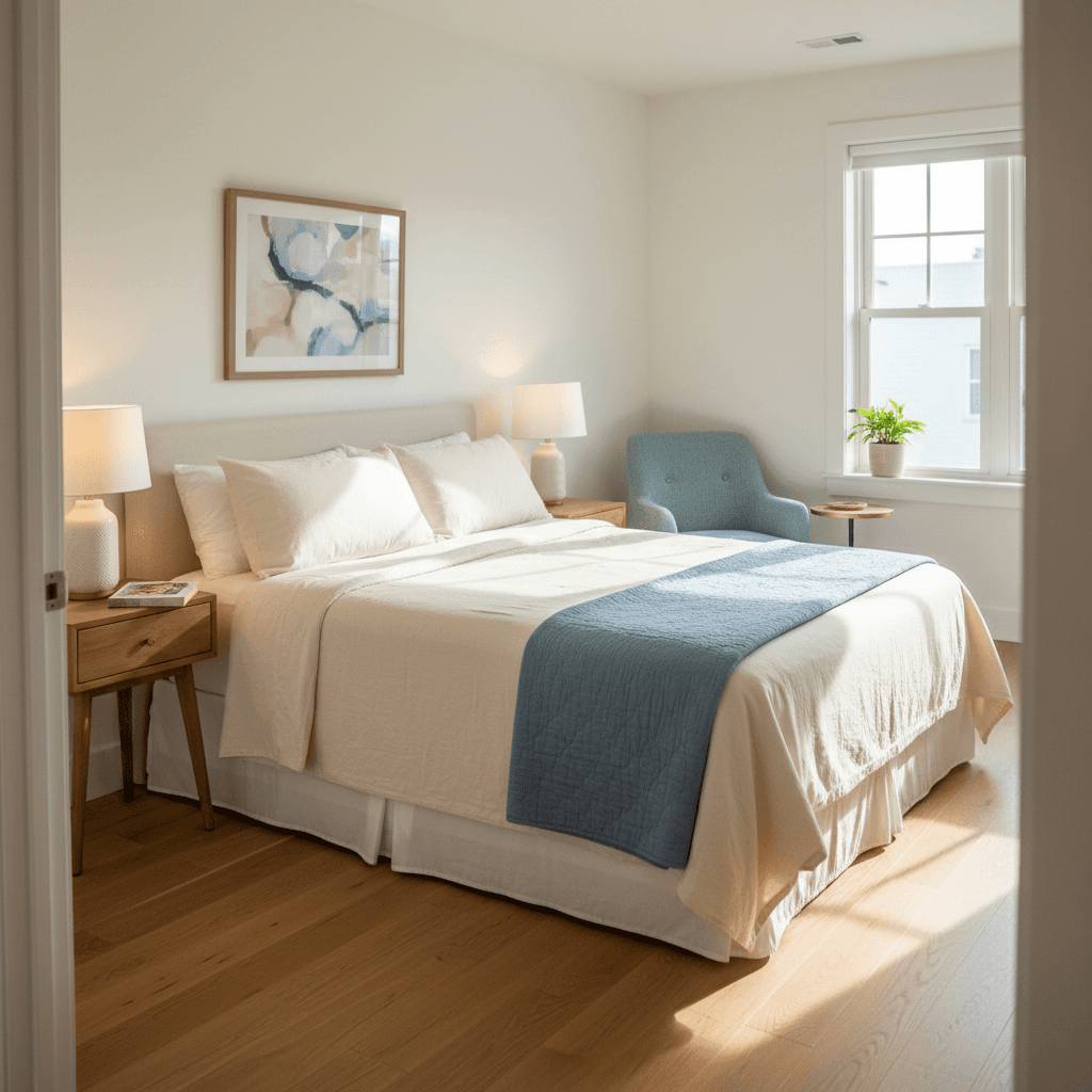 Private bedroom with made bed and natural light
